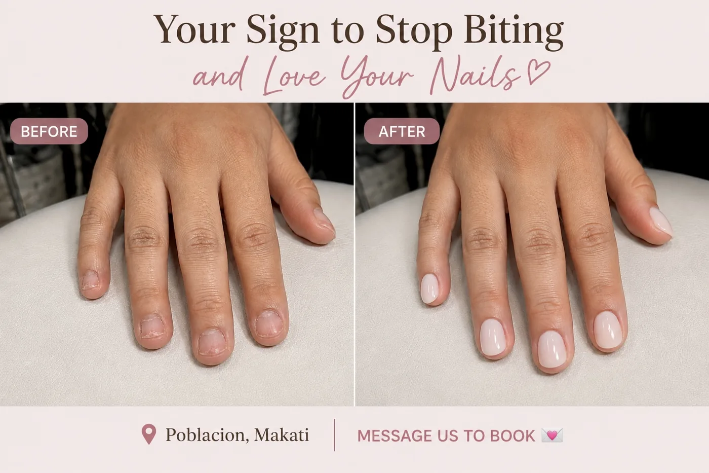 before and after Russian manicure at AyuriNails Beauty Lounge Makati, bitten cuticles and nails transformed to a smooth, clean nude finish